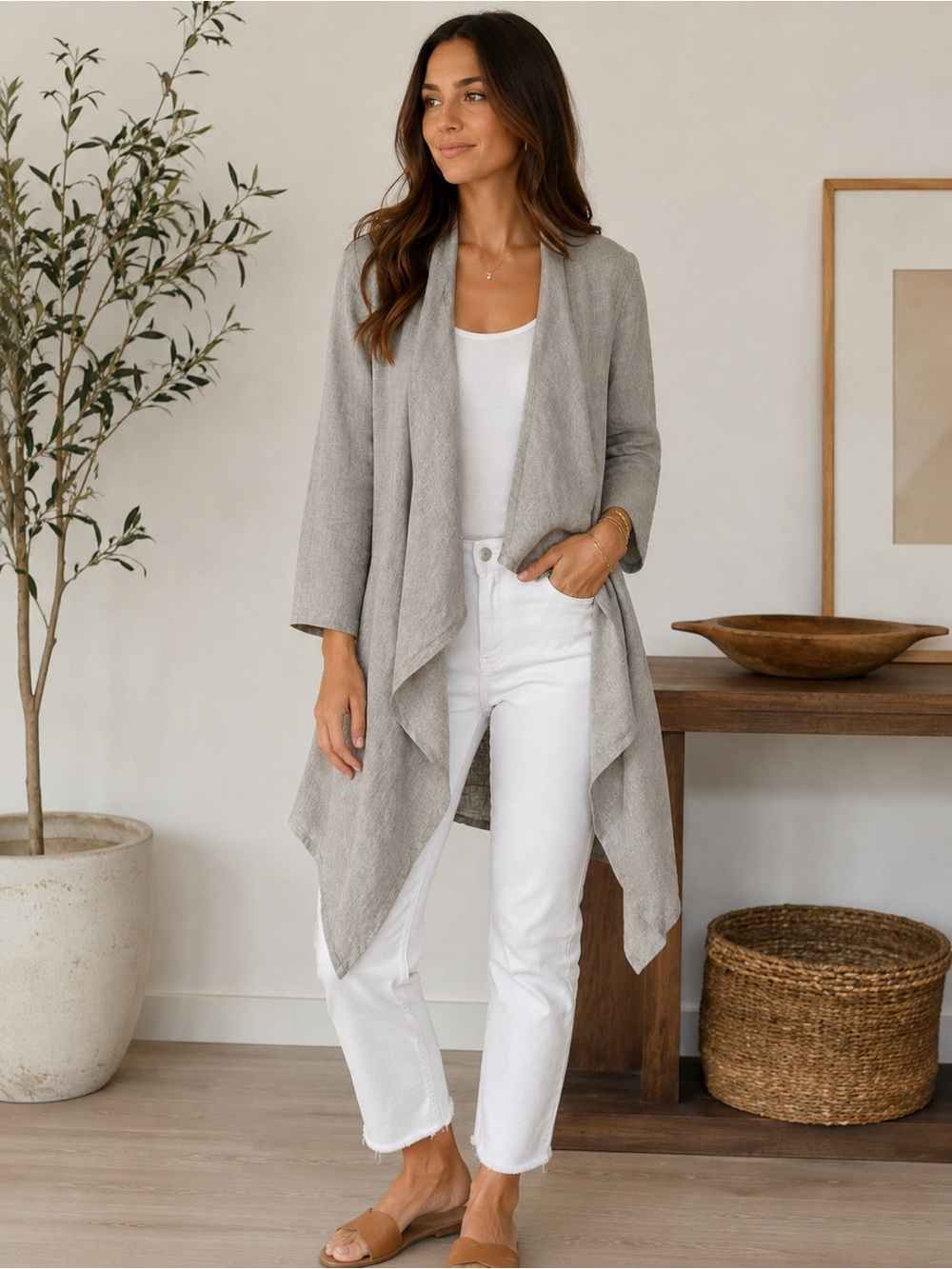 Chalet 100% Linen Waterfall Cardigan Made in USA Gray Natural Relaxed Fit